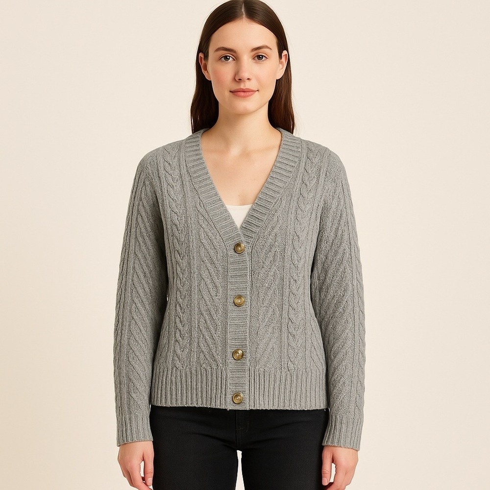 Lucky‎ Brand Women's XL Gray Cable Knit Button Front Cardigan Sweater Cozy